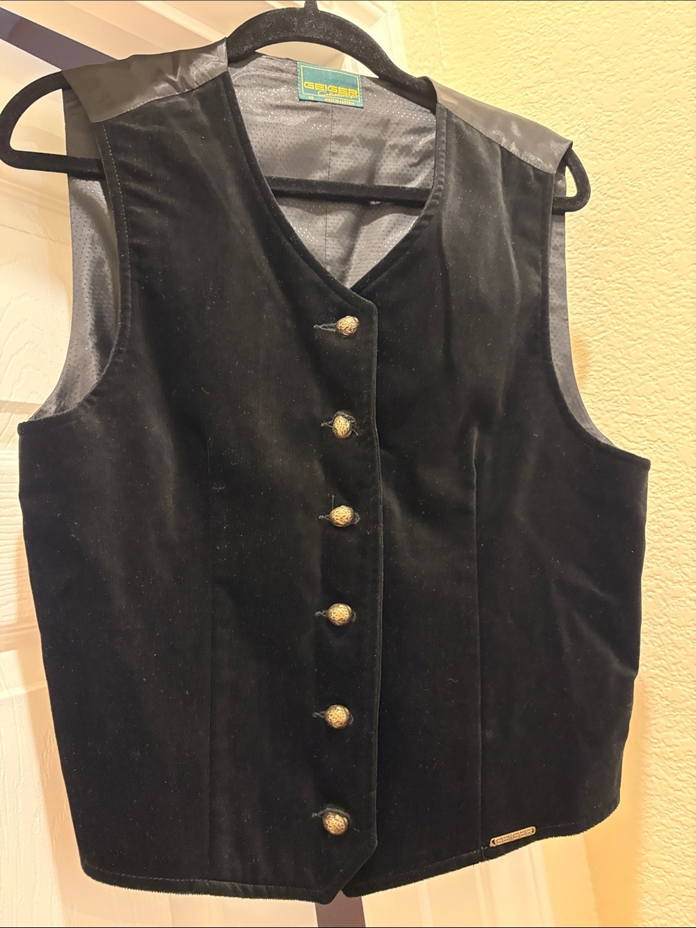 Geiger Black Velvet Button Front Vest with Gold Buttons